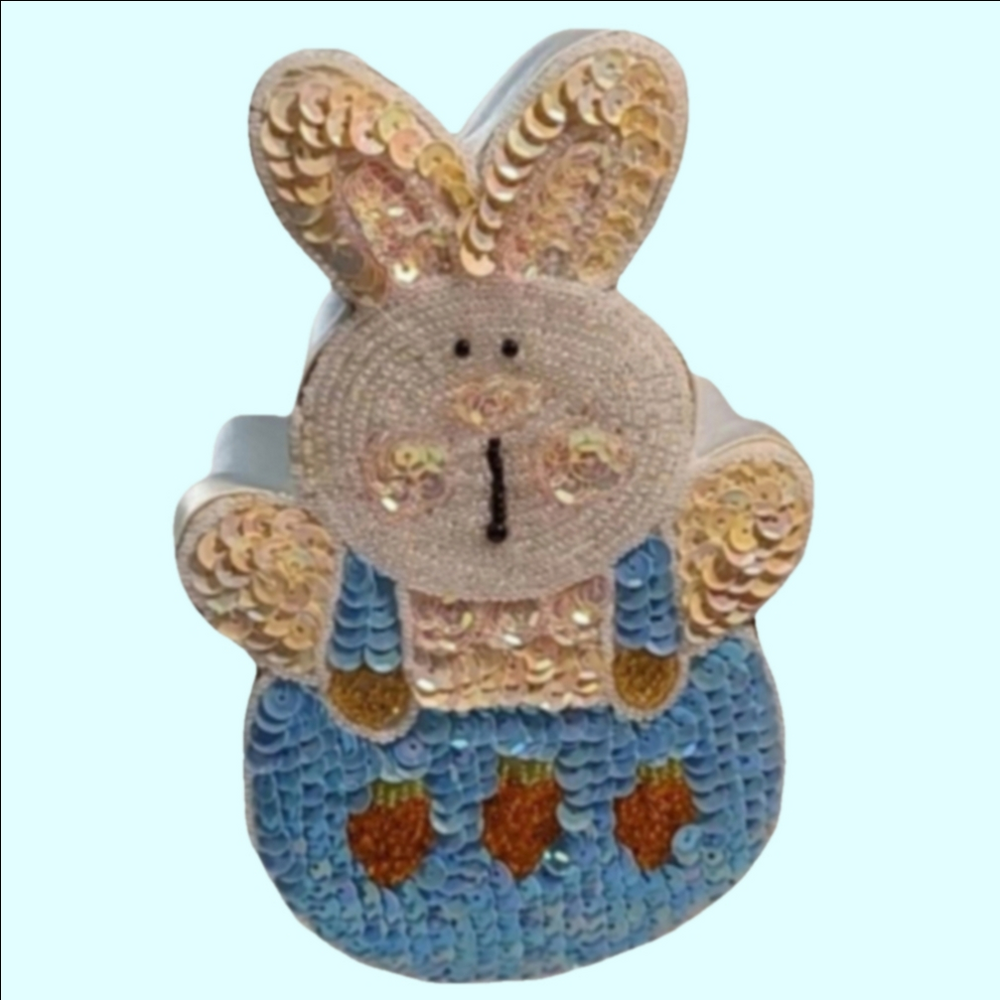 Vintage ornamental Easter Bunny box. Sequins and beads. 7x5"